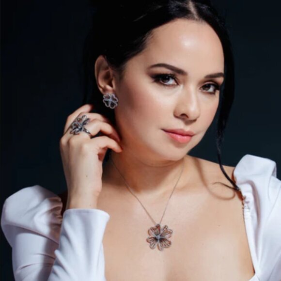 Silver 925 Black Rhodium Plated Flower Clear CZ Stud Earring and Necklace Set